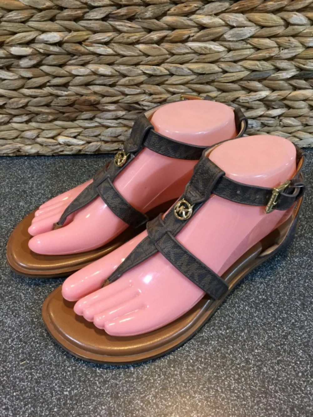 MICHAEL Michael Kors Brown Monogram T-Strap Brown Sandals